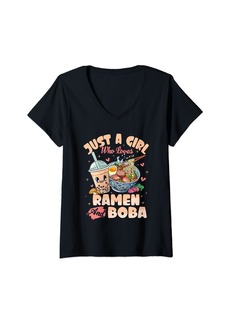 Born Womens Girl who loves Ramen and Boba Bubble Tea Anime Teens Girls V-Neck T-Shirt