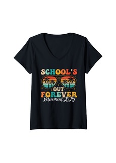 Born Womens Groovy School's Out Forever Retirement Teacher Retired 2025 V-Neck T-Shirt