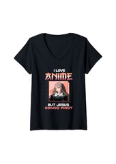 Born Womens I love Anime but Jesus comes First Cute Japanese Anime Girls V-Neck T-Shirt