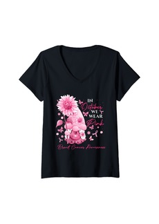 Born Womens In October We Wear Pink Gnome Sunflower Ribbon Breast Cancer V-Neck T-Shirt