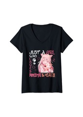 Born Womens Just A Girl Who Loves Anime & Cats Cute Gifts for Teen Girls V-Neck T-Shirt