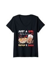 Born Womens Just A Girl Who Loves Anime & Boba Cute Gifts for Teen Girls V-Neck T-Shirt
