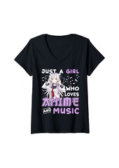 Born Womens Just A Girl Who Loves Anime and Music Anime Lover Girls Teen V-Neck T-Shirt