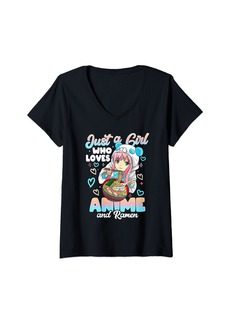 Born Womens Just A Girl Who Loves Anime & Ramen Cute Gifts for Teen Girl V-Neck T-Shirt
