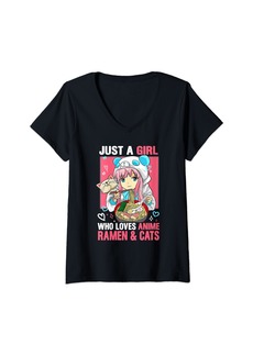 Born Womens Just A Girl Who Loves Anime Ramen And Cats Gifts Teens V-Neck T-Shirt