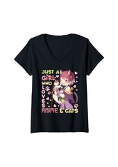 Born Womens Just A Girl Who Loves Anime Ramen And Cats Girls Teenager V-Neck T-Shirt
