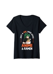 Born Womens Just a Girl Who Loves Anime and Ramen Bowl Japanese Girls V-Neck T-Shirt