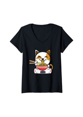 Born Womens Kawaii Ramen Cat Japanese Neko Noodle Funny Vintage Anime V-Neck T-Shirt