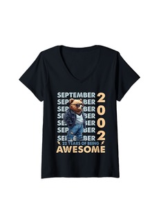 Born Womens Legend Since September 2002 22nd Birthday Bear 22 Years Old V-Neck T-Shirt