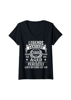 Womens Legend Were Born in January 2005 Vintage 20th Birthday Boys V-Neck T-Shirt