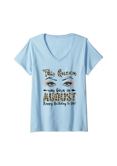 Womens Leopard This Queen Was Born In August Birthday Woman Girls V-Neck T-Shirt