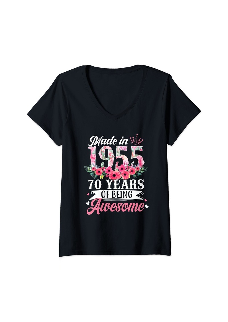 Born Womens Made In 1955 Floral 70th Birthday Gifts 70 Years Old Women V-Neck T-Shirt