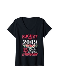 Born Womens Made In August 2009 Floral 15th Birthday Gifts 15 Years Old V-Neck T-Shirt