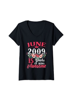 Born Womens Made In June 2009 Floral 15th Birthday Gifts 15 Years Old V-Neck T-Shirt