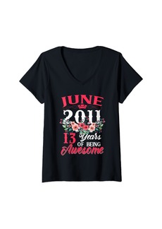 Born Womens Made In June 2011 Floral 13th Birthday Gifts 13 Years Old V-Neck T-Shirt