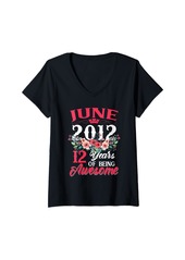 Born Womens Made In June 2012 Floral 12th Birthday Gifts 12 Years Old V-Neck T-Shirt