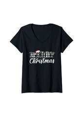 Born Womens Merry Christmas Buffalo Plaid  and White Santa Hat Xmas V-Neck T-Shirt