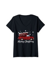 Born Womens Merry Christmas Buffalo Plaid Red Truck Tree Funny Xmas V-Neck T-Shirt