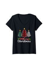 Born Womens Merry Christmas Tree Buffalo Plaid Red White Green Xmas V-Neck T-Shirt
