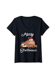 Born Womens Merry Slothmas T Shirt Christmas Pajama for Sloth Lovers V-Neck T-Shirt