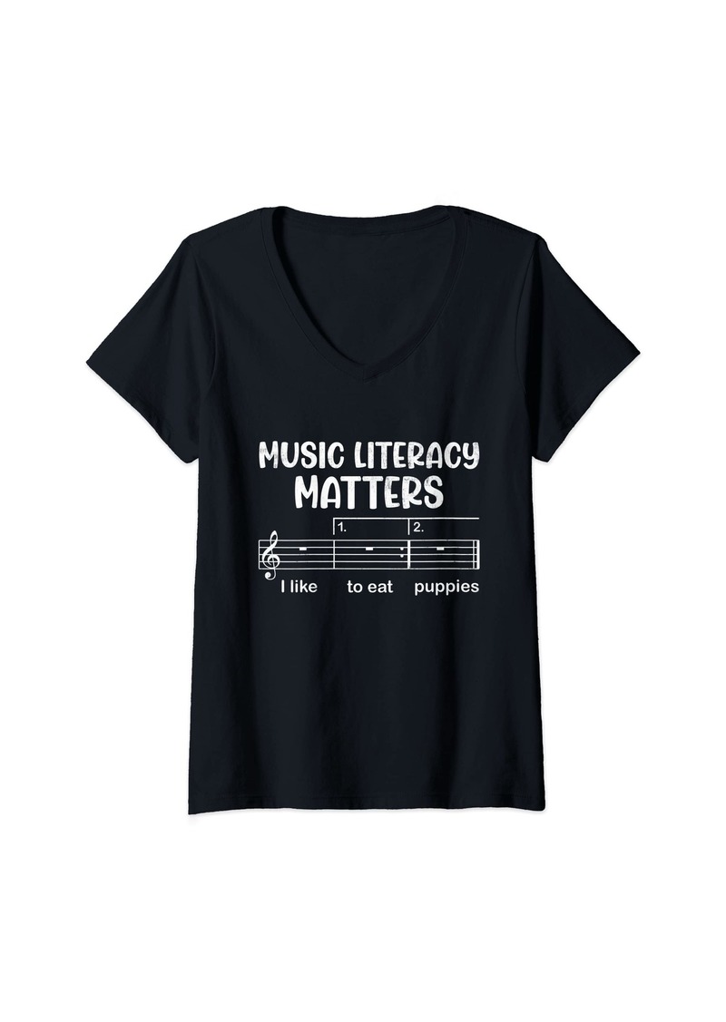 Born Womens Music Literacy Matters I Like To Eat Puppies Funny Piano V-Neck T-Shirt