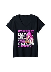Born Womens My Perfect Day Sketch Watch Anime Eat Ramen Repeat V-Neck T-Shirt