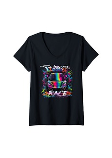 Born Womens Racing Car Colorful Graffitti Style V-Neck T-Shirt