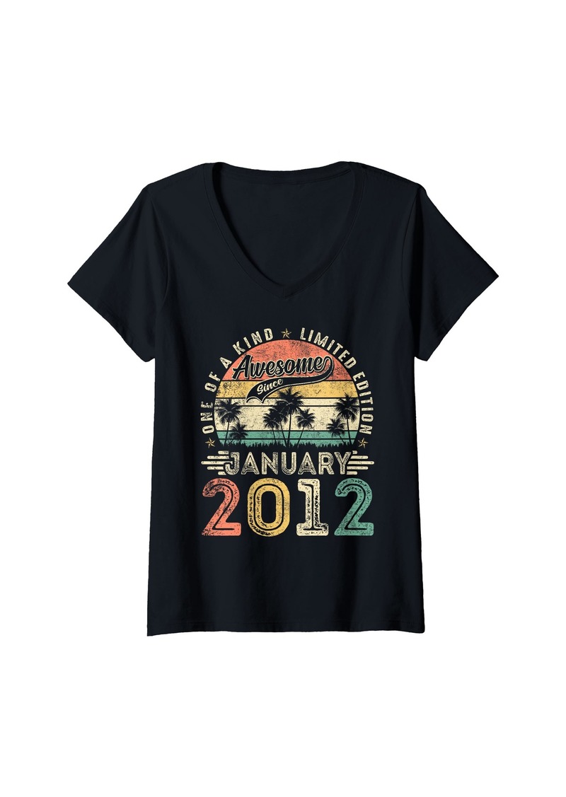 Born Womens Retro 13 Years Old January 2012 Vintage 13th Birthday Boys V-Neck T-Shirt