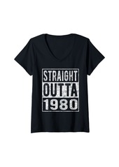 Womens Straight Outta 1980 Fun Distressed Born 1980 Birthday Gift V-Neck T-Shirt