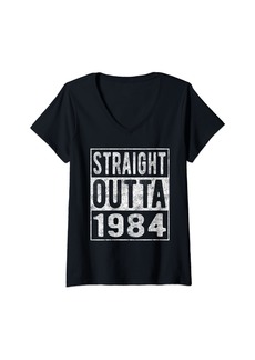 Womens Straight Outta 1984 Fun Distressed Born 1984 Birthday Gift V-Neck T-Shirt