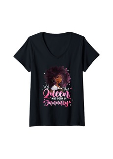 Womens This Queen Was Born In January Gifts Birthday Women Girls V-Neck T-Shirt