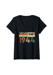 Born Womens Vintage 1944 80 Years Old Cassette Tape 80th Birthday Gifts V-Neck T-Shirt