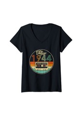 Born Womens Vintage 1944 Cassette Tape 80th Birthday Retro 80 Years Old V-Neck T-Shirt