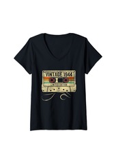 Born Womens Vintage 1944 Retro 80th Birthday Cassette Tape 80 Years Old V-Neck T-Shirt