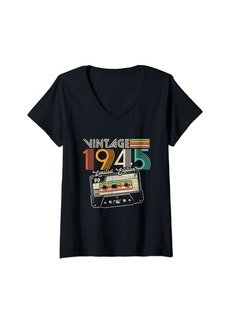 Born Womens Vintage 1945 80th Birthday Cassette Tape 80 Years Old Gifts V-Neck T-Shirt