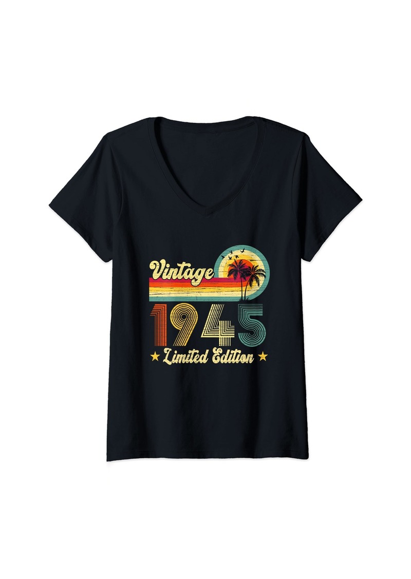 Born Womens Vintage 1945 Limited Edition 80th Birthday Gift 80 Years Old V-Neck T-Shirt