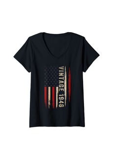 Born Womens Vintage 1946 Made In 1946 American Flag 78th Birthday Gifts V-Neck T-Shirt