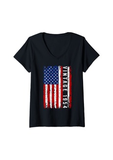 Born Womens Vintage 1954 70th Birthday Gifts 70 Years Old American Flag V-Neck T-Shirt