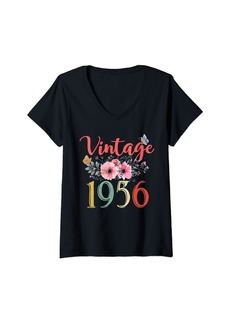 Born Womens Vintage 1956 Floral Funny 68th Birthday Awesome Since 1956 V-Neck T-Shirt