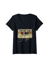 Born Womens Vintage 1959 Retro 65th Birthday Cassette Tape 65 Years Old V-Neck T-Shirt