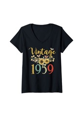 Born Womens Vintage 1959 Sunflower 65th Birthday Awesome Since 1959 V-Neck T-Shirt