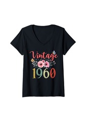 Born Womens Vintage 1960 Floral Funny 64th Birthday Awesome Since 1960 V-Neck T-Shirt