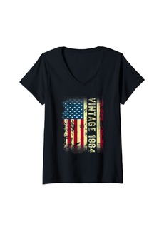 Born Womens Vintage 1964 60th Birthday Gifts 60 Years Old American Flag V-Neck T-Shirt