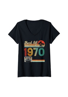 Born Womens Vintage 1970 Classic Birthday 1970 Cassette Tape Vintage V-Neck T-Shirt