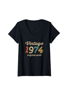 Born Womens Vintage 1974 Original Parts Birthday Year Retro Italic Dark V-Neck T-Shirt