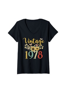 Born Womens Vintage 1978 Sunflower 44th Birthday Awesome Since 1978 V-Neck T-Shirt