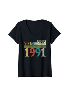 Born Womens Vintage 1991 Classic Birthday 1991 Cassette Tape Retro Bday V-Neck T-Shirt