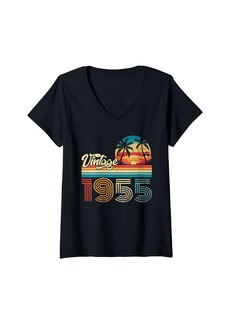 Womens Vintage Born In 1955 70th Birthday Gifts 70 Years Old Retro V-Neck T-Shirt