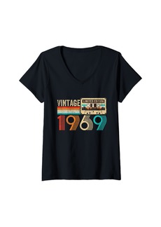 Womens Vintage Born In 1969 Cassette Tape 55th Birthday 55 Year Old V-Neck T-Shirt