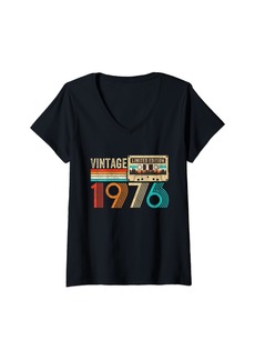Womens Vintage Born In 1976 Cassette Tape 48th Birthday 48 Year Old V-Neck T-Shirt